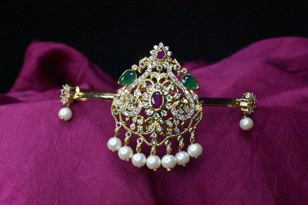 CZ Stone Armlet | Elegant Gold Plated Bajuband with Pearls (10-15 Inches)