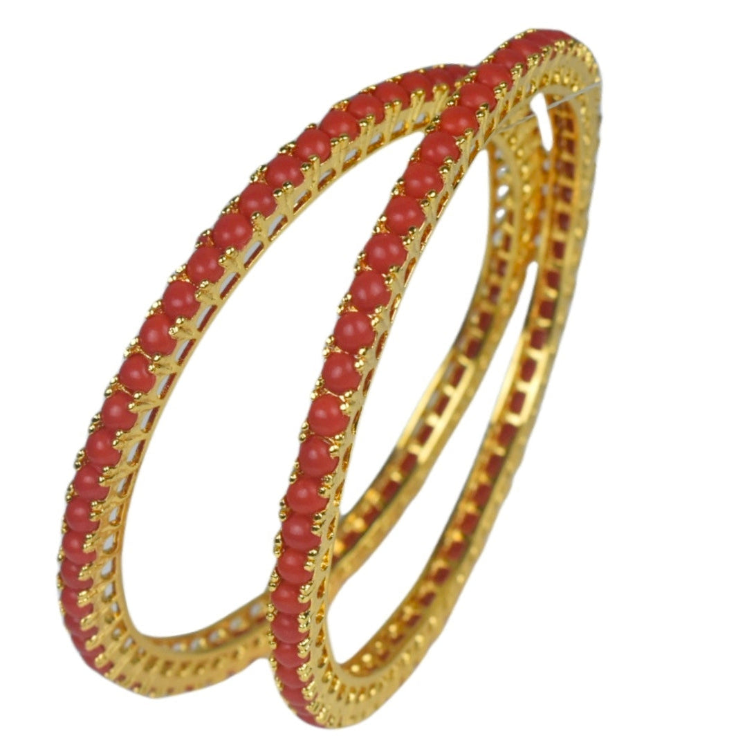 Coral Bangles - Gold Plated Red Coral Stone Bangles for Women