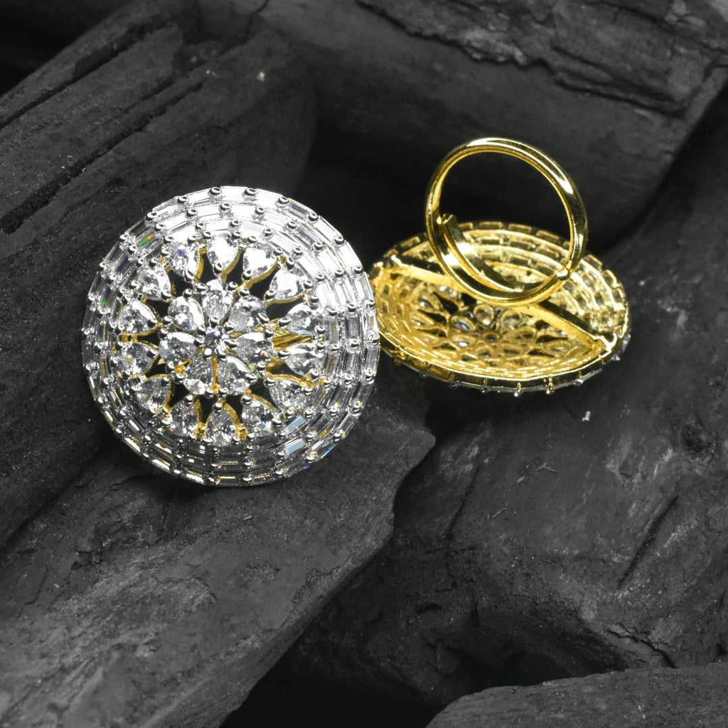 CZ Pave gold Polish Brass Floral Design Finger Ring Women Aceesory