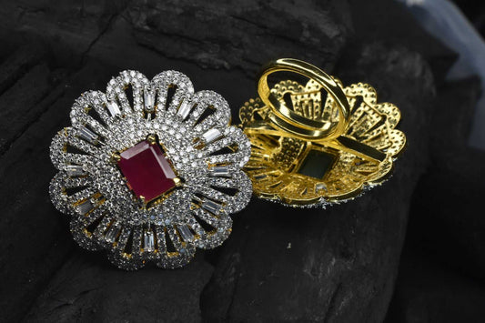 Flower Design gold Plated Ruby Diamond Finger Ring Women Friendship Jewelry