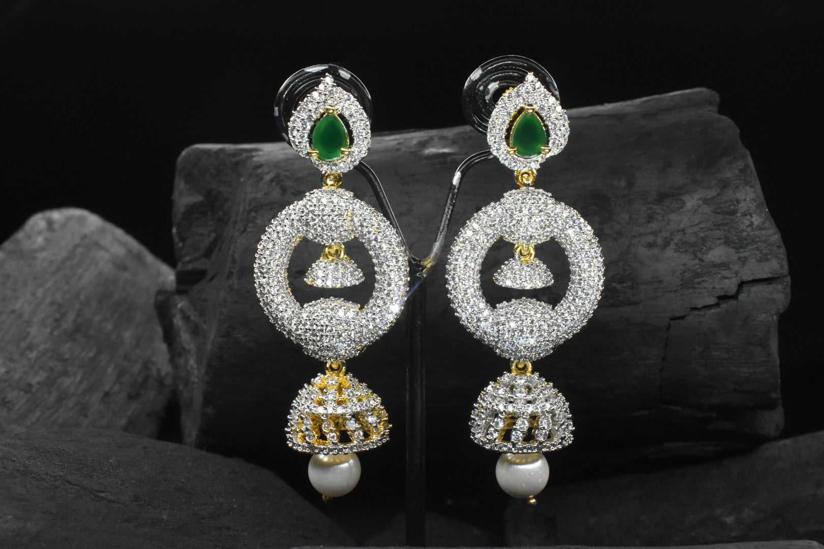 Blissful American Diamond and Emerald Chandbali Earrings