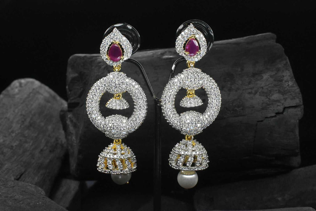 Blissful American Diamond and Emerald Chandbali Earrings