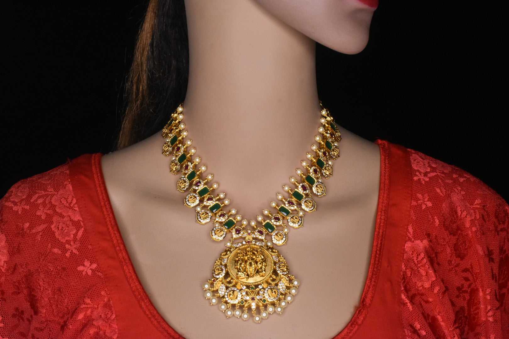 22K Gold 'Ram Parivar - Peacock' Necklace With Cz, Color Stones & Culture  Pearls (Temple Jewellery) - 235-GN4562 in 29.700 Grams