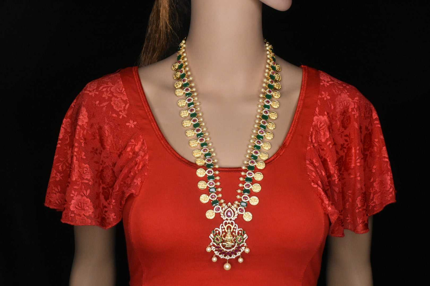 One Gram Gold Goddess Laxmi With Ram Parivaar Bindu Necklace Set