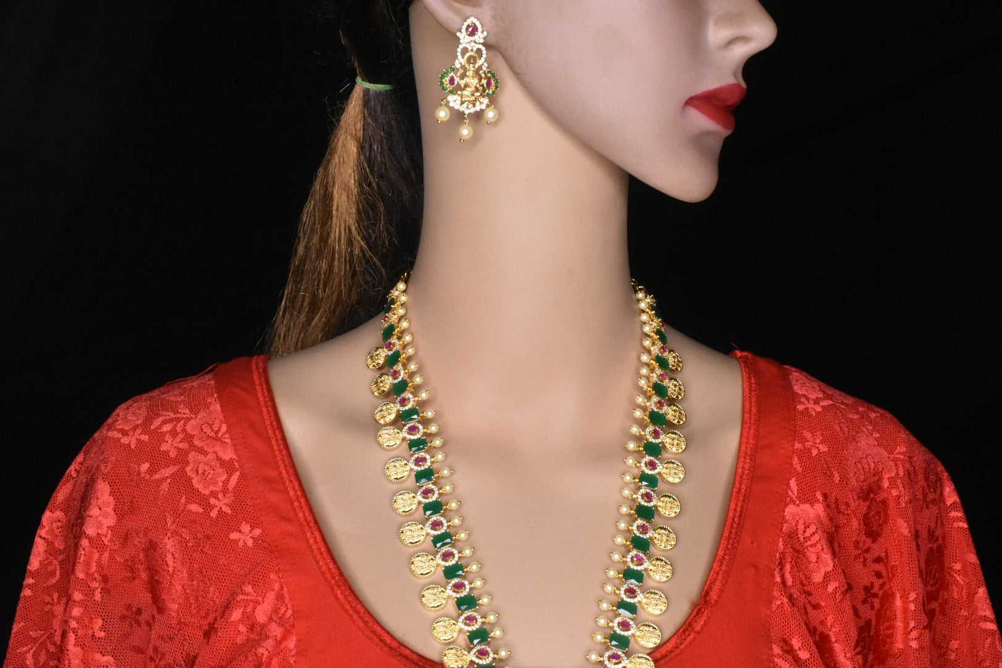 One Gram Gold Goddess Laxmi With Ram Parivaar Bindu Necklace Set