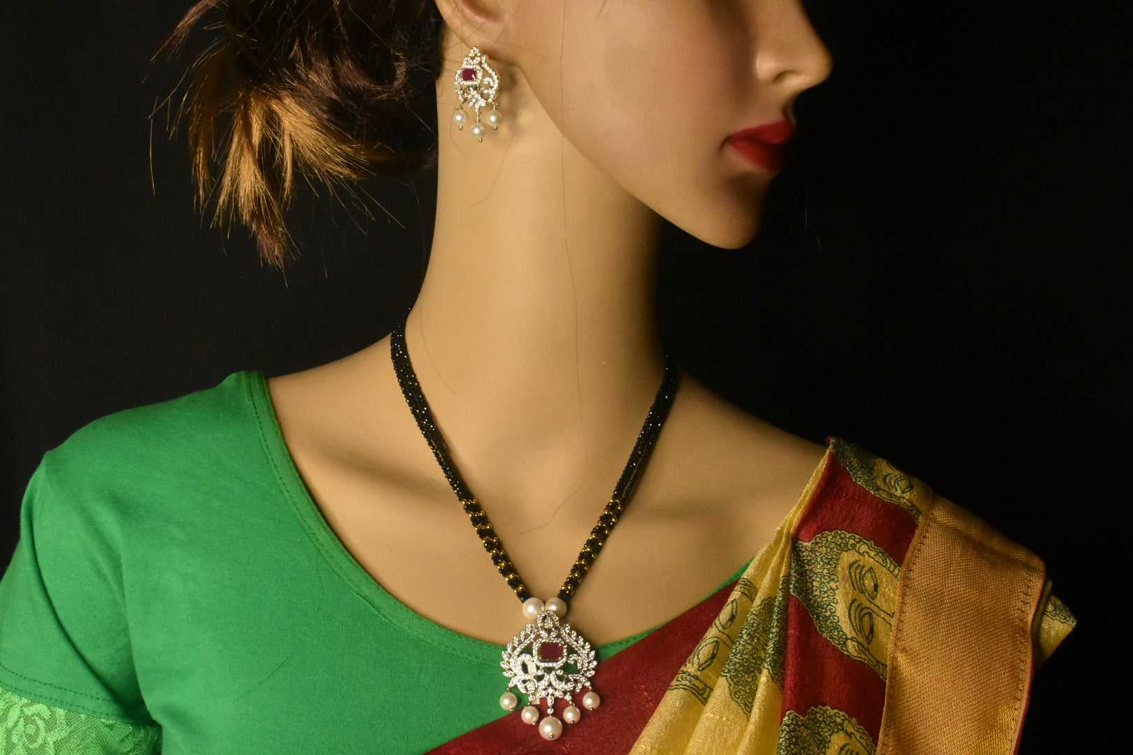 Black Beads Necklace With American diamond pendant
set