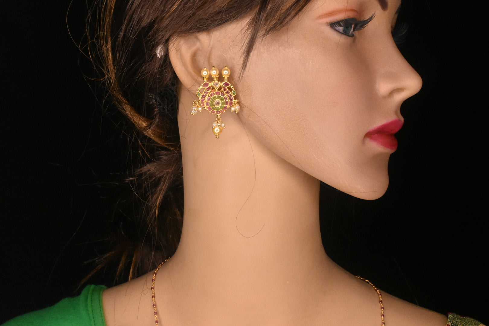 Kempu & Multicolour Stones With Pearls Flowers, Moon & Jumki Design Earrings  For Bharatanatyam Dance And Temple Buy Online