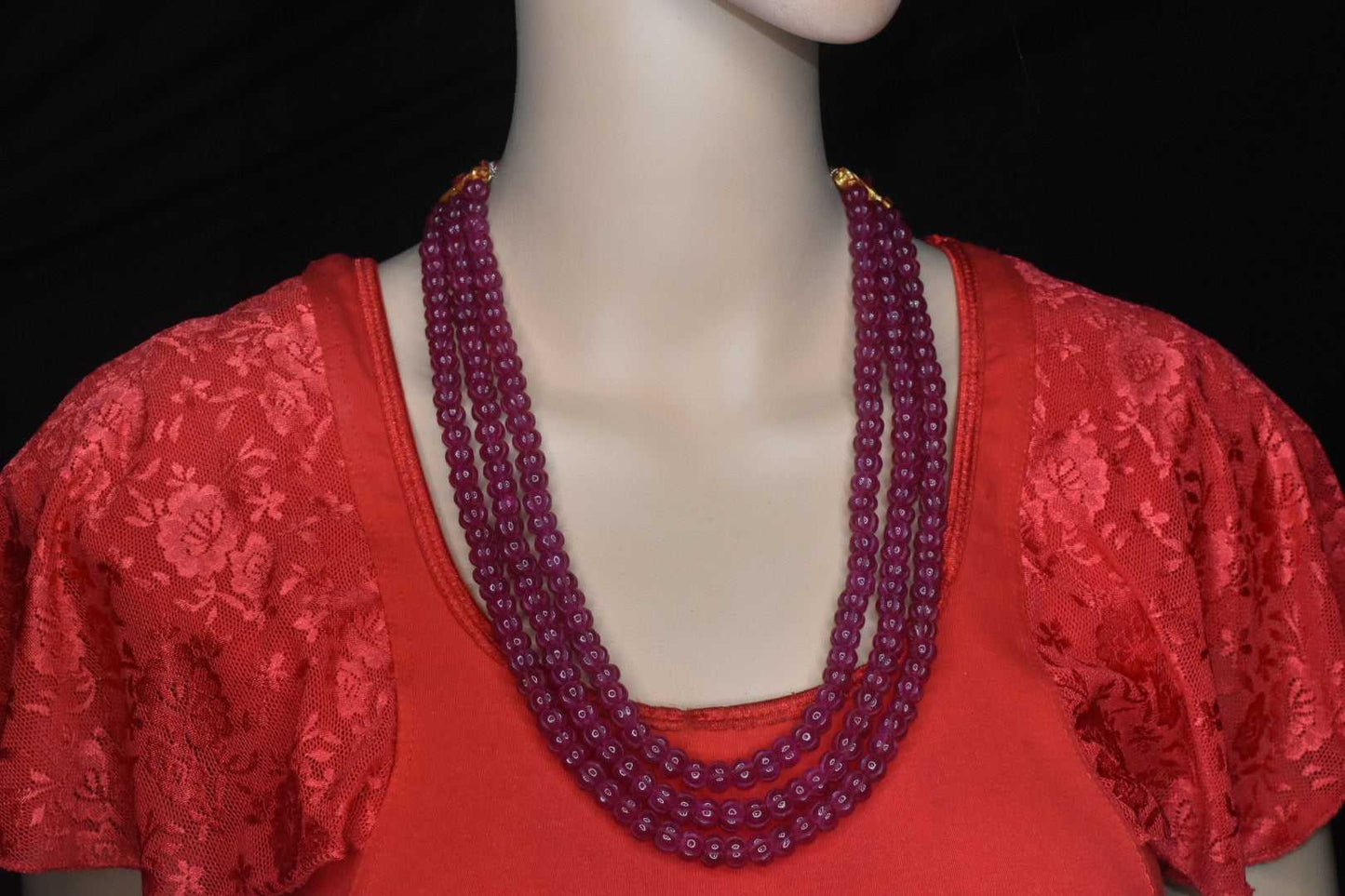 3 Strands Ruby Gemstone,Melon Kharbuja Shape Beads Necklace