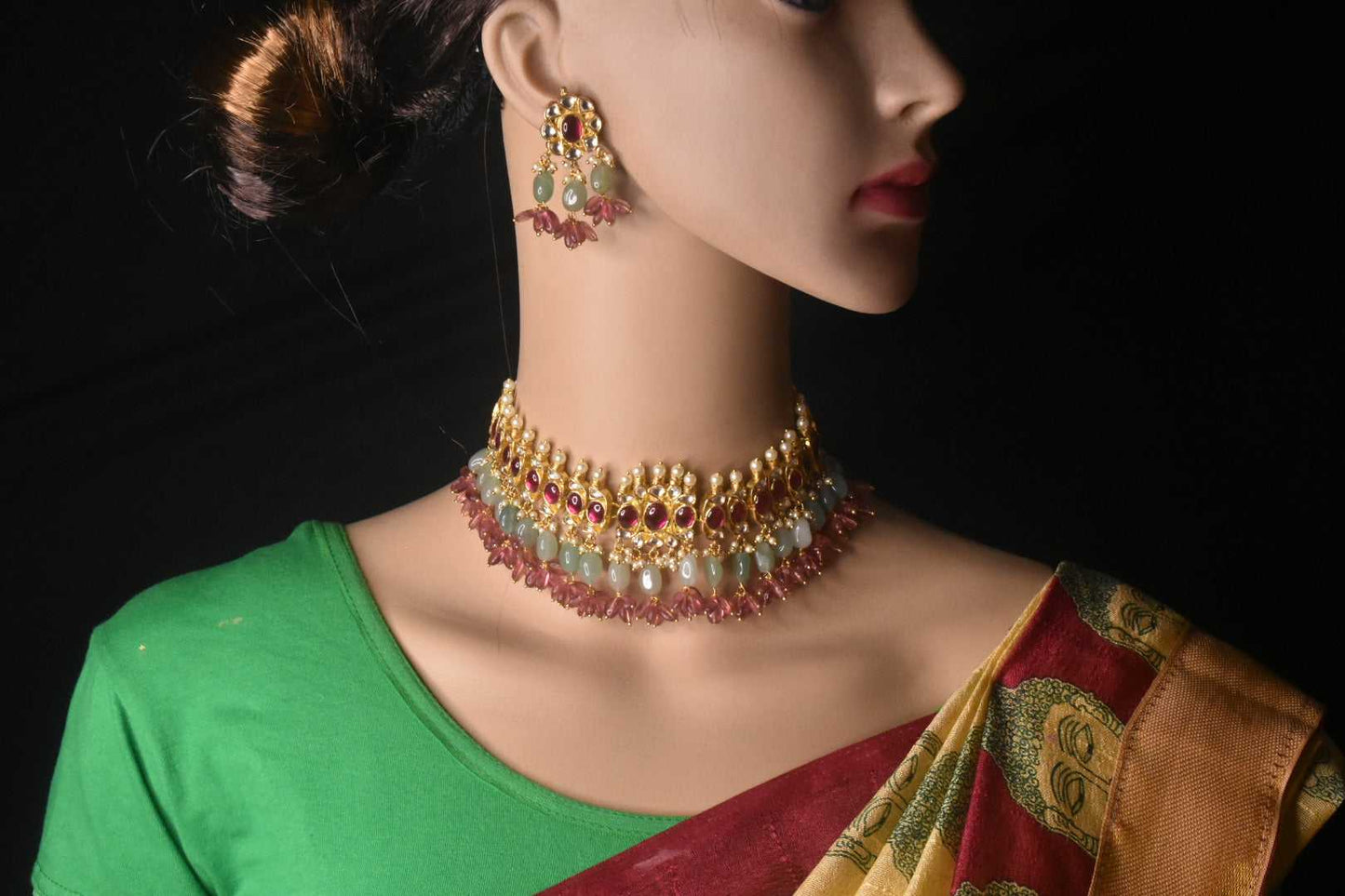 Kempu And Kundan Long Necklace With Choker Bridel Set