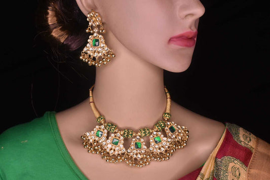 Beautiful Real Kundan & Emrald's Thread Necklace With Earrings