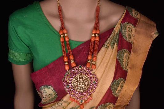 Kempu embedded Laxmi pendent with coral mala