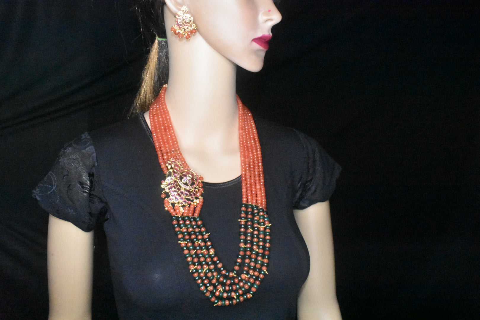 One Gram Gold Kempu Side Brooch With Semi Precious Beeds Mala By Asp Fashion Jewellery