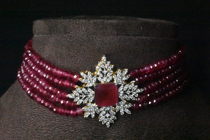 Ruby Beads & American Diamond Choker Necklace Set