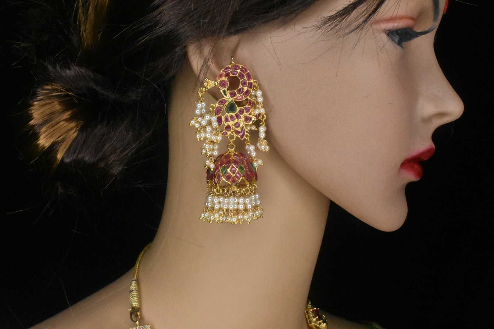 Peacock Motifs Kemp Pearls Jhumka