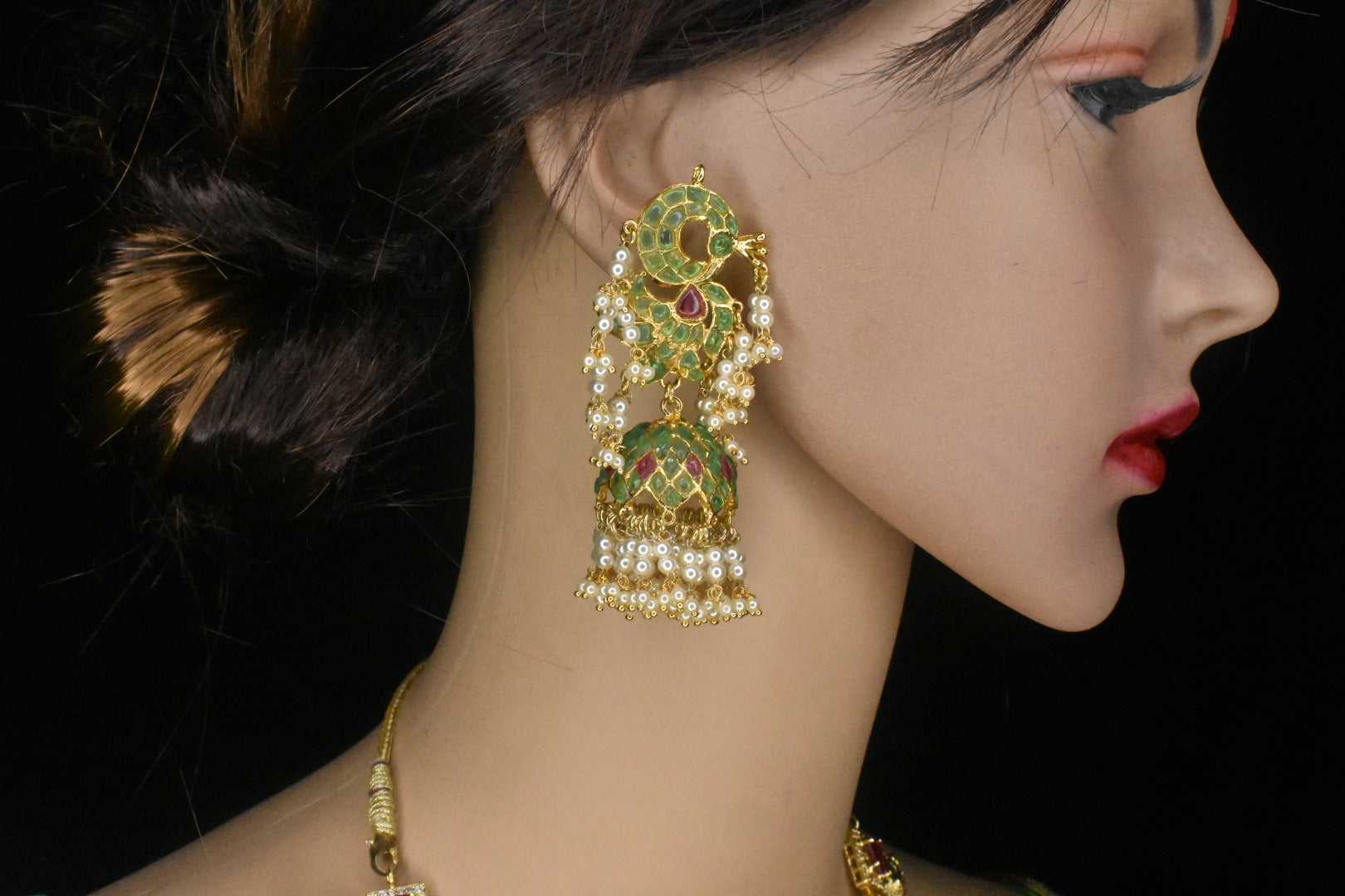 Peacock Motifs Kemp Pearls Jhumka