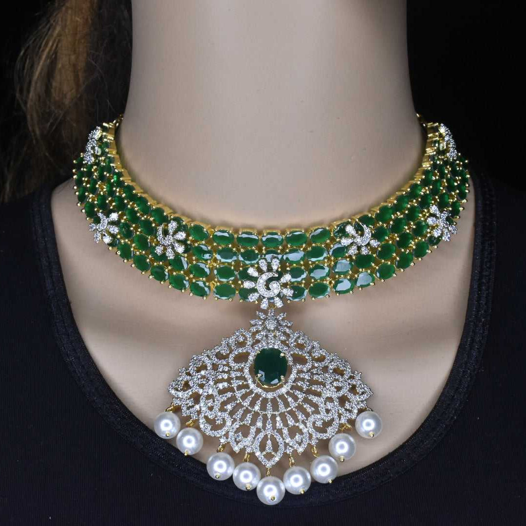 Heavily Studded Pearl And Emerald Choker Set