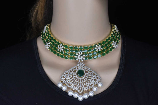 Heavily Studded Pearl And Emerald Choker Set