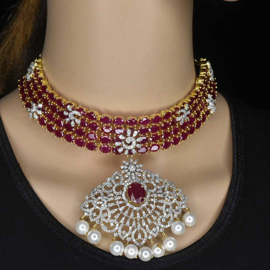 Heavily Studded Pearl And RubyChoker Set