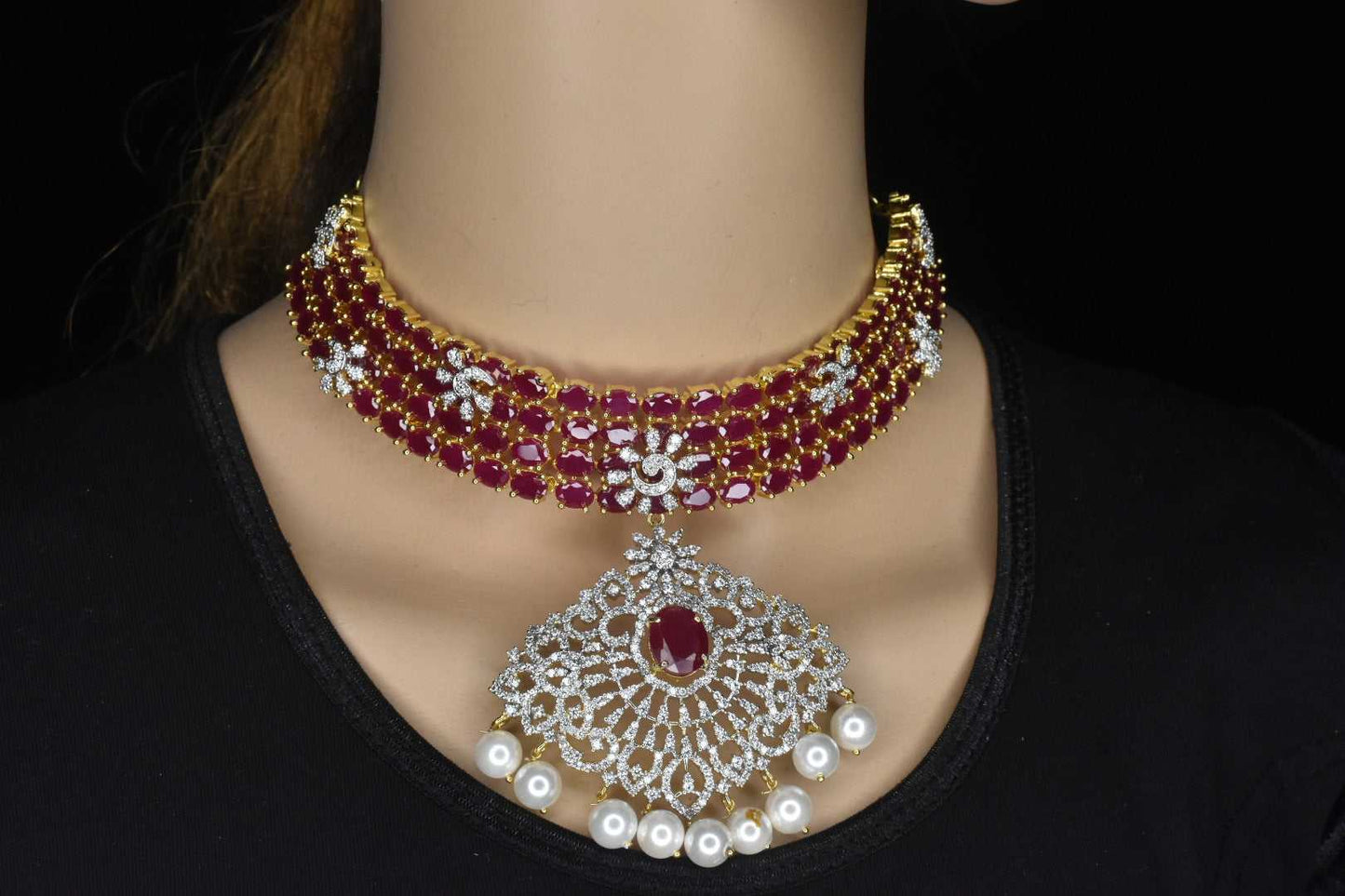 Heavily Studded Pearl And RubyChoker Set