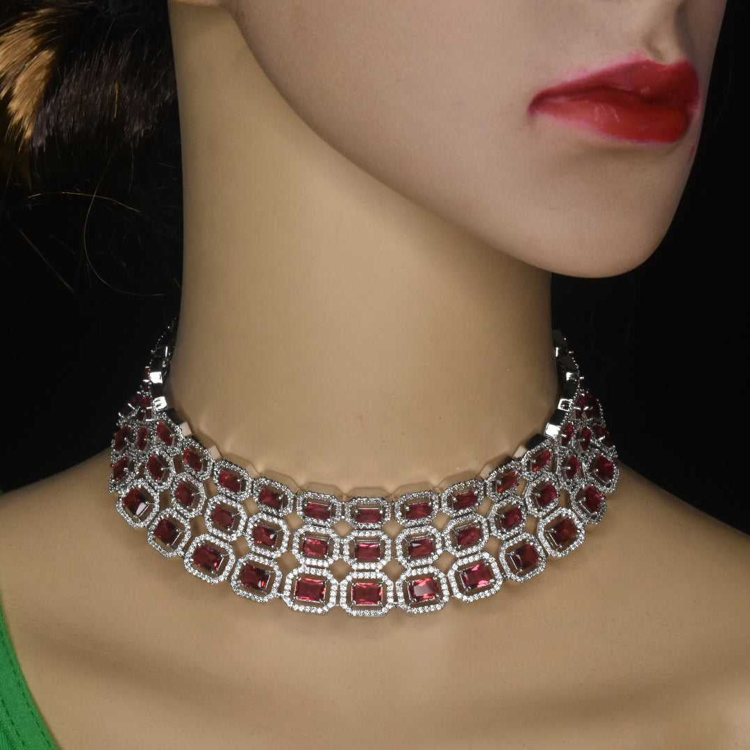 Silver Plated Ruby & American Diamonds Choker Set - Traditional Wedding Necklace
