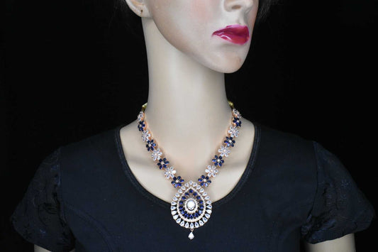 Flower shaped Blue sapphire & American Diamonds  Rose Gold Necklace