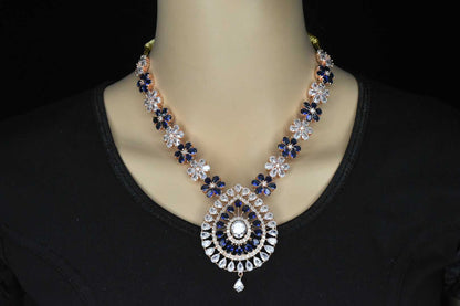 Flower shaped Blue sapphire & American Diamonds  Rose Gold Necklace