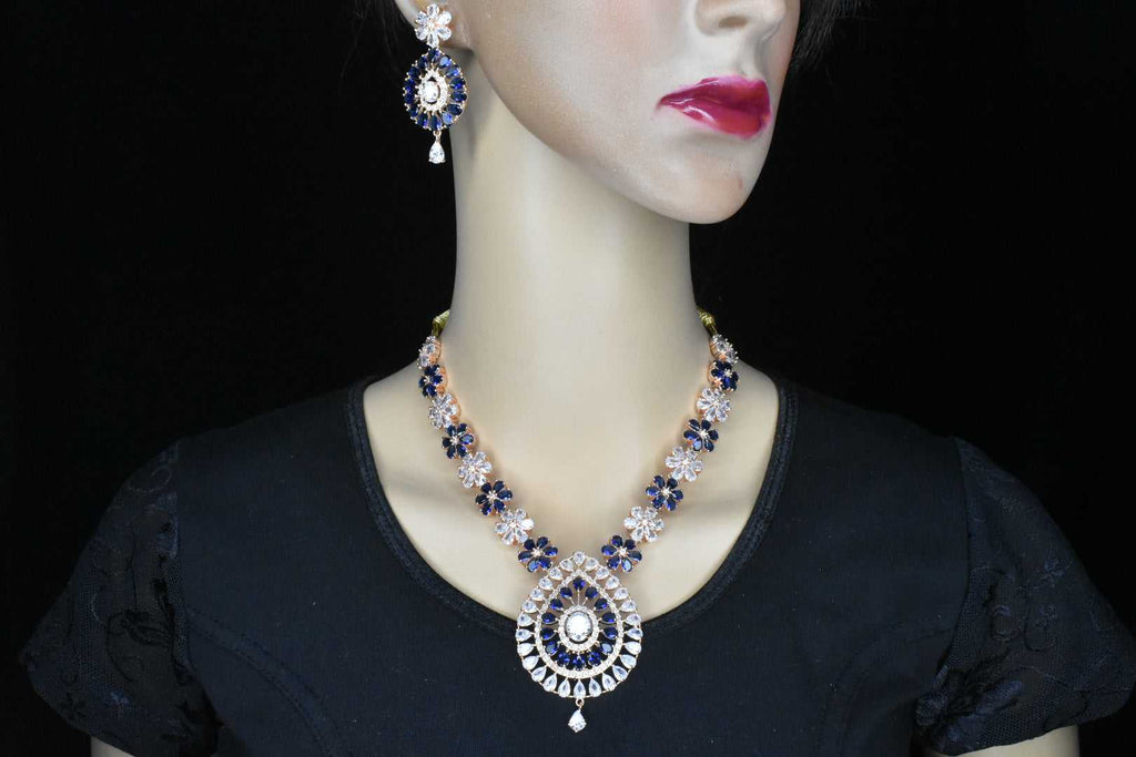 Flower shaped Blue sapphire & American Diamonds  Rose Gold Necklace