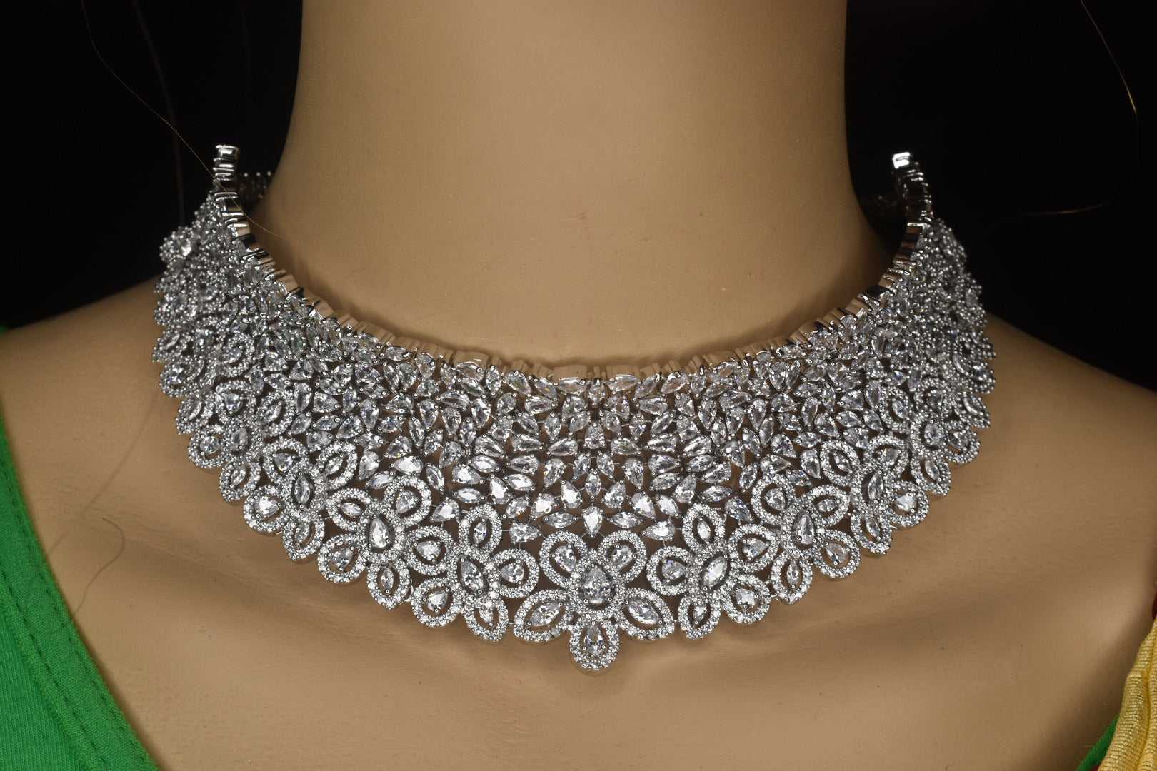 Platinum Choker Necklace Set - American Diamond Wedding Jewelry with Earrings