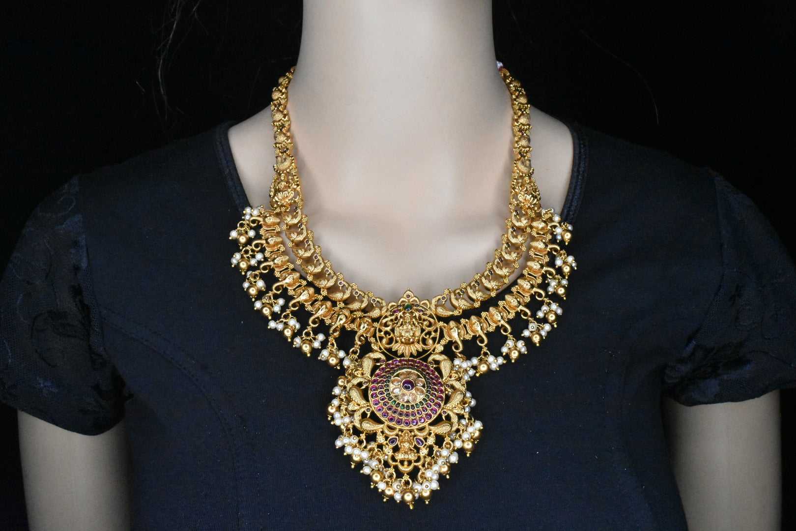 Antique lakshmi & GajRaj,Peacock Carved Necklace