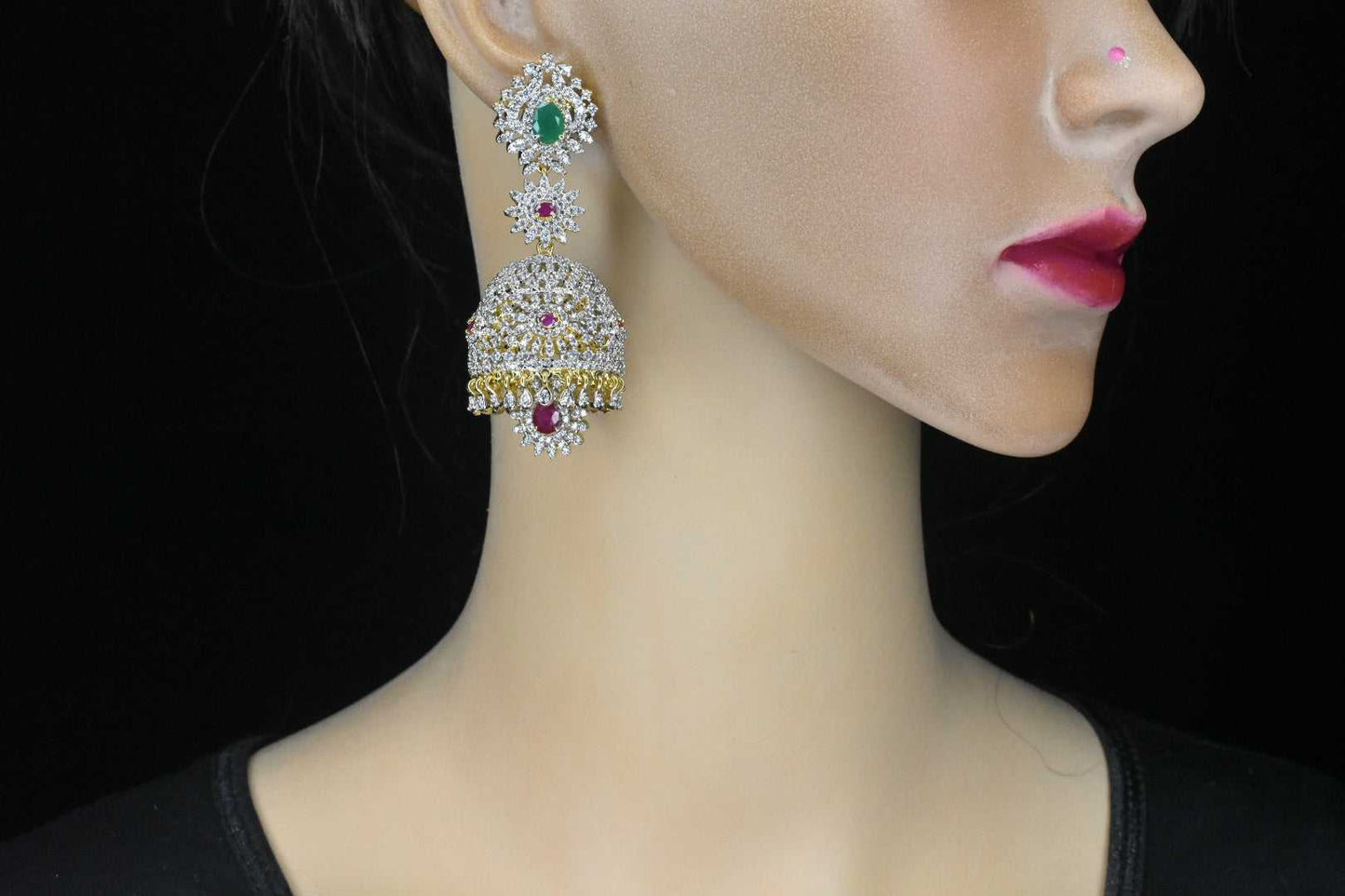 Diamond emerald jhumkas