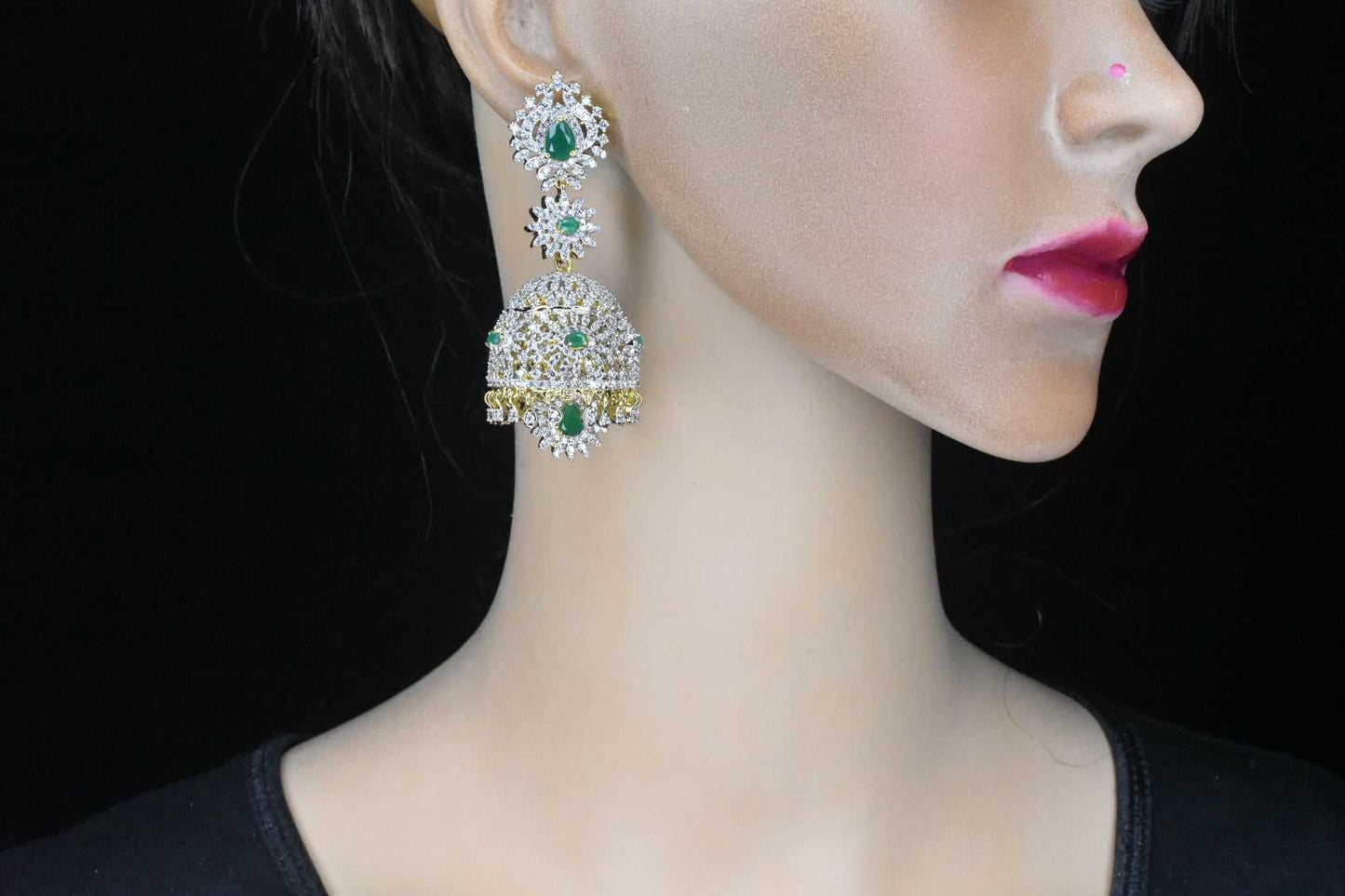 Diamond emerald jhumkas