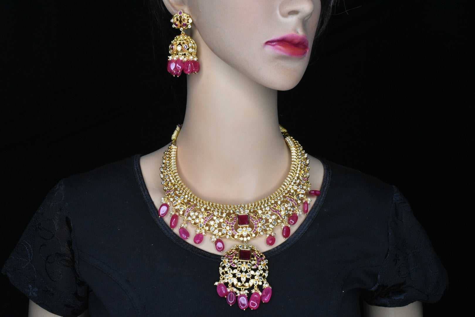 Graceful Premium Cz Ruby , Emralds Necklace