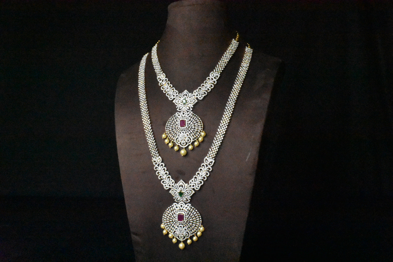One gram gold american Diamonds Enchanting Bridal Combo Necklace Set