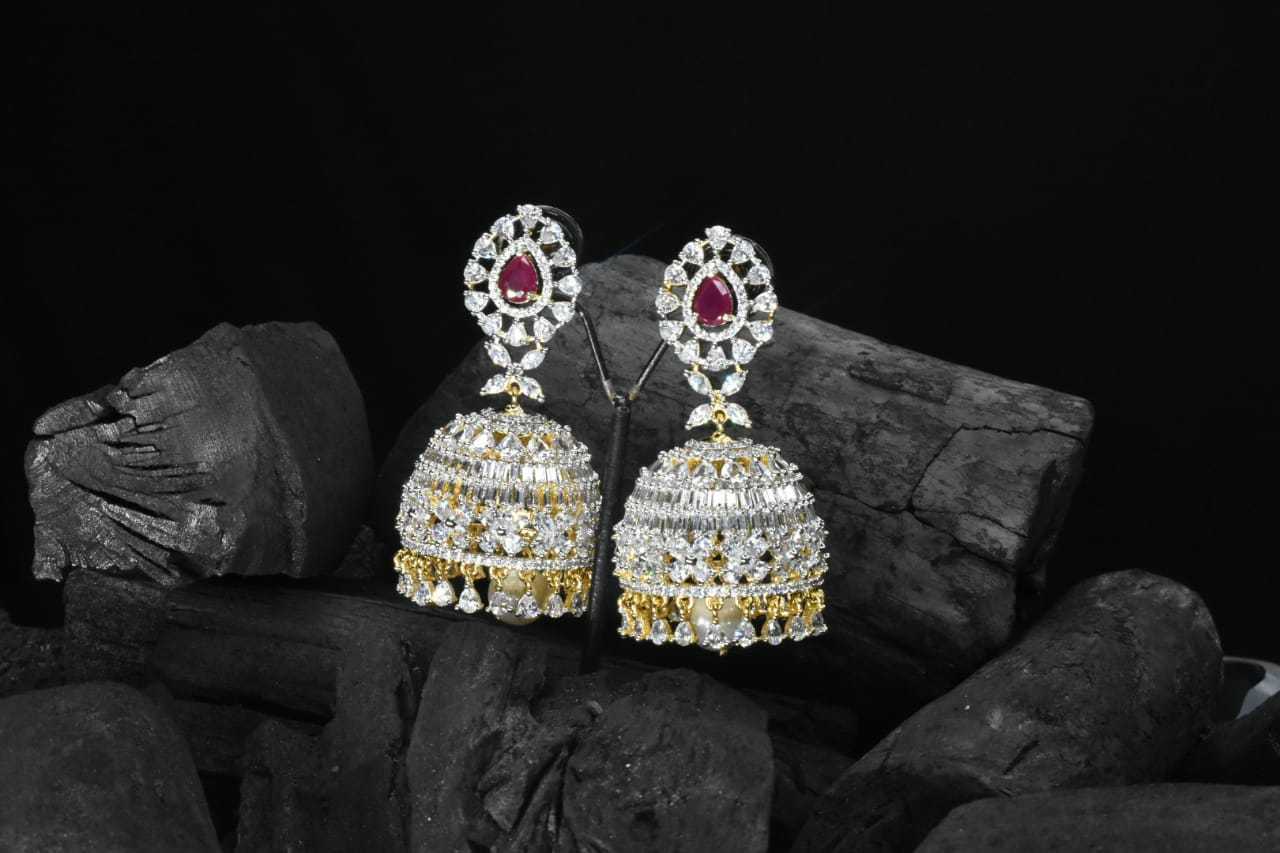 Premium Gram Gold American Diamond Jhumka Earrings Traditional Indian Jewelry Red