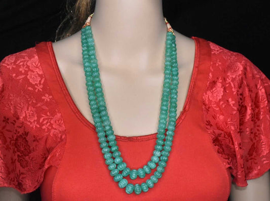 2 Strands Emralds Gemstone Necklace, Melon Kharbuja Shape Beads Necklace