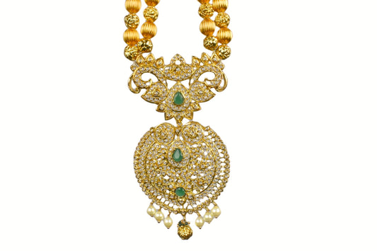 Emralds Beads Necklace Set With Uncut American Diamonds Pendant