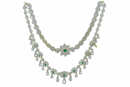 Stunning Two Layered Emralds American Diamonds Bridal Style Necklace Set