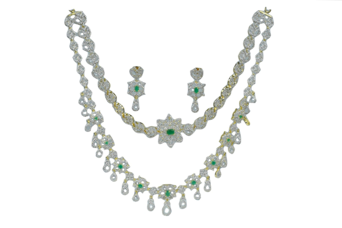 Stunning Two Layered Emralds American Diamonds Bridal Style Necklace Set