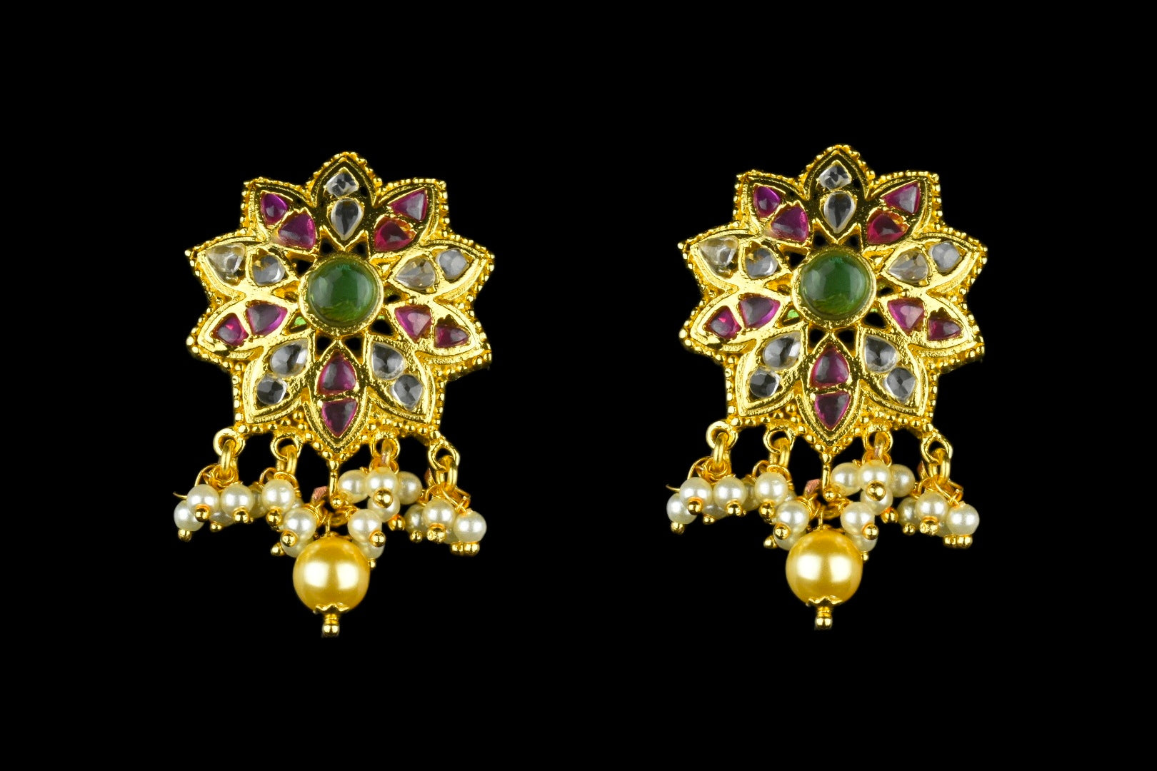 Round Kempu Studs 1.5 Inch with Pearls - Classy Traditional Earrings