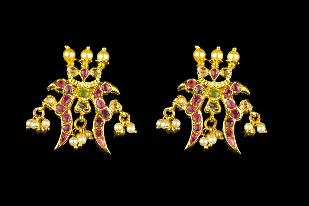 Peacock Kemp Studs 1.3 Inch - Double Sided Traditional Earrings with Pearls