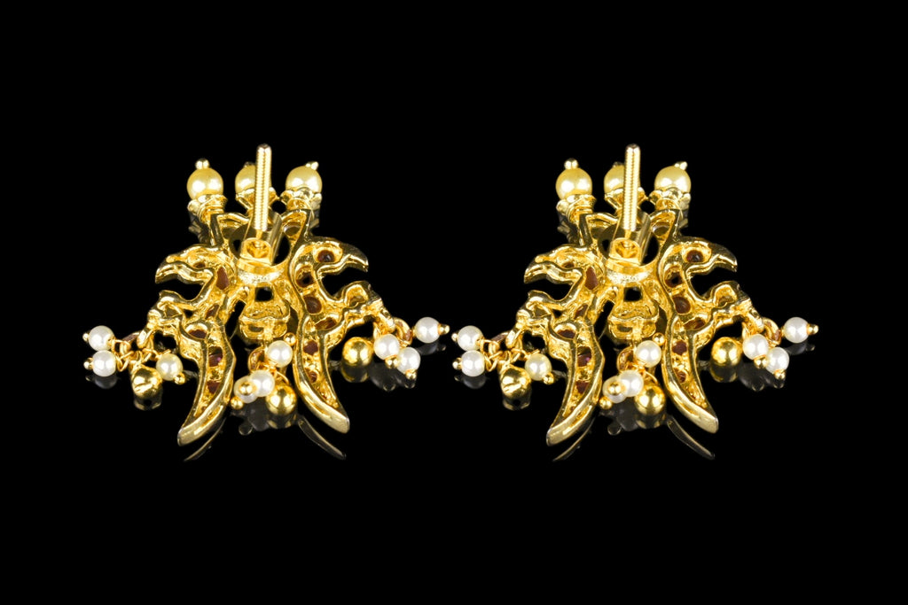 Peacock Kemp Studs 1.3 Inch - Double Sided Traditional Earrings with Pearls