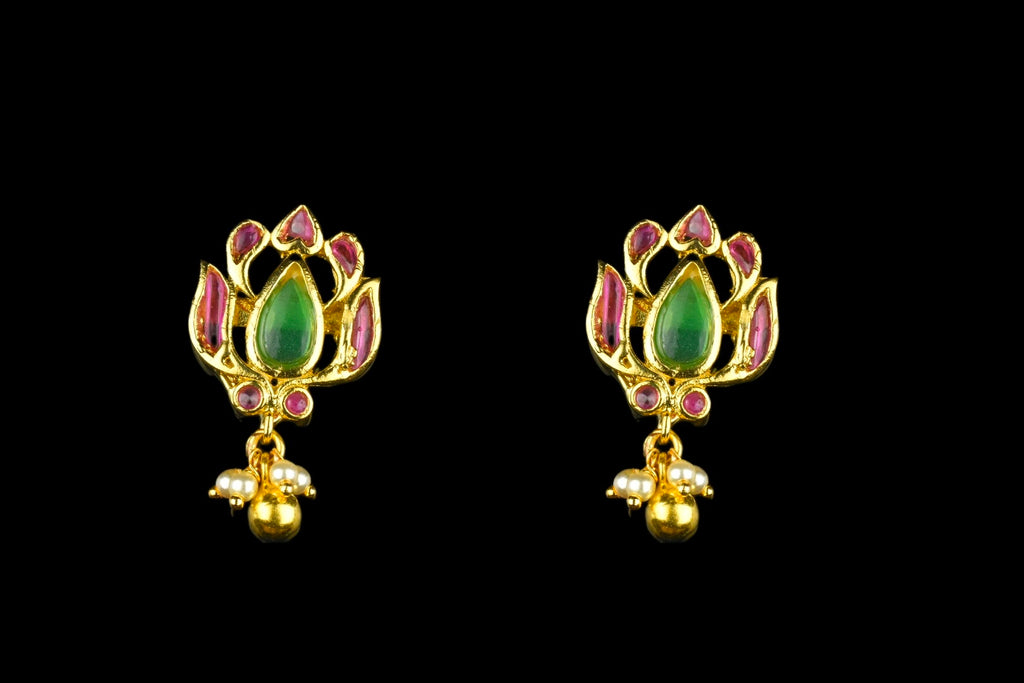 Lotus Flower Kemp Stud Earrings - Traditional Temple Jewelry