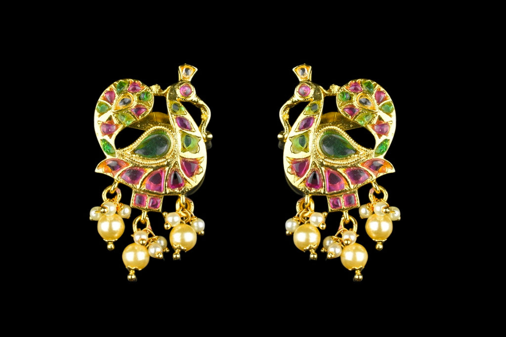 Peacock Kempu Studs - Office Wear Traditional Gold Plated Earrings
