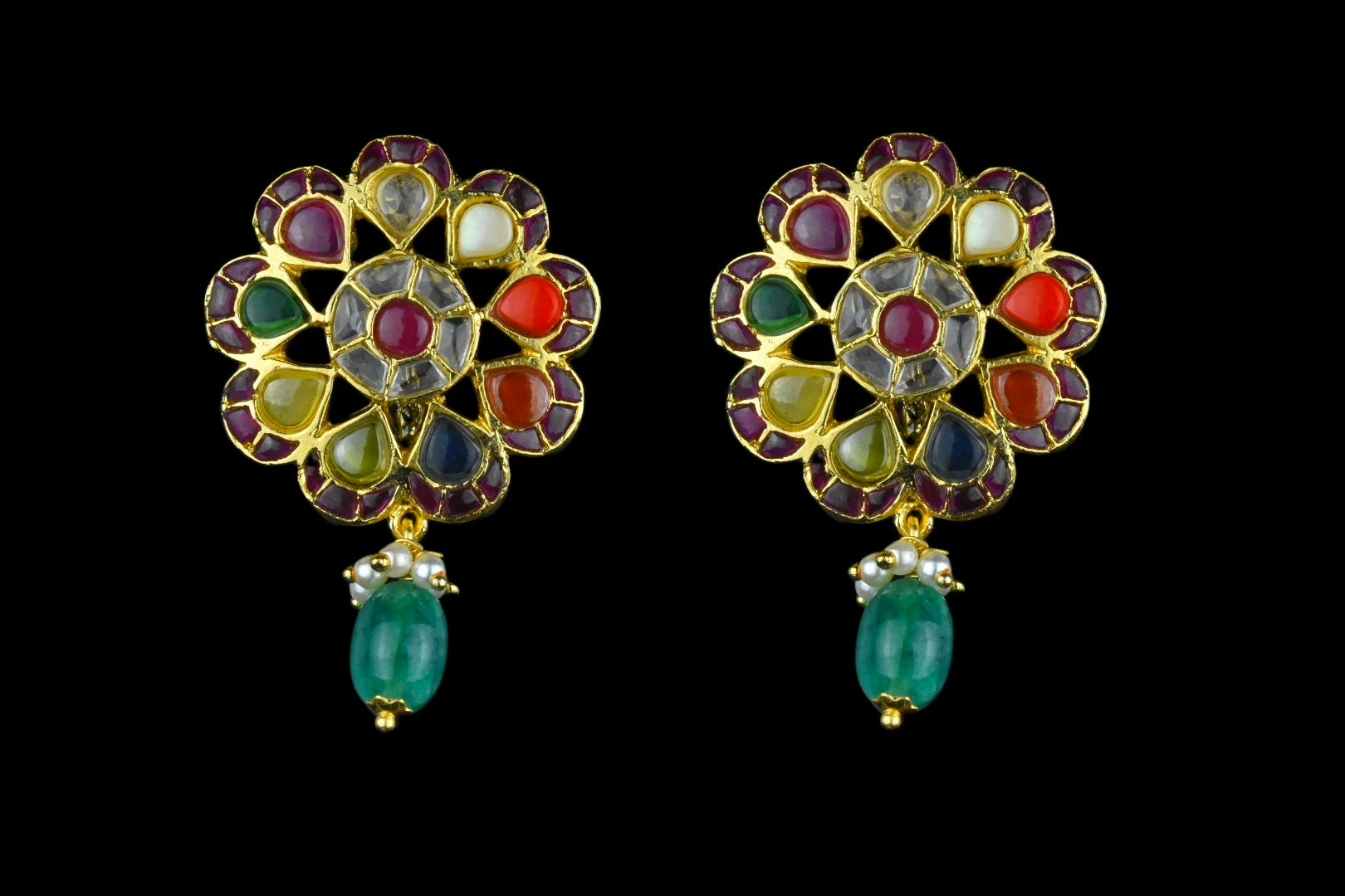 Large Navratna Studs 1.75 Inch with Pearls - Statement Traditional Earrings