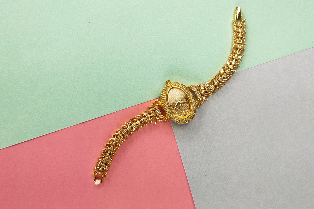 Gold Plated CZ Watch with Ruby Emerald - 24K Gold Premium | 37g