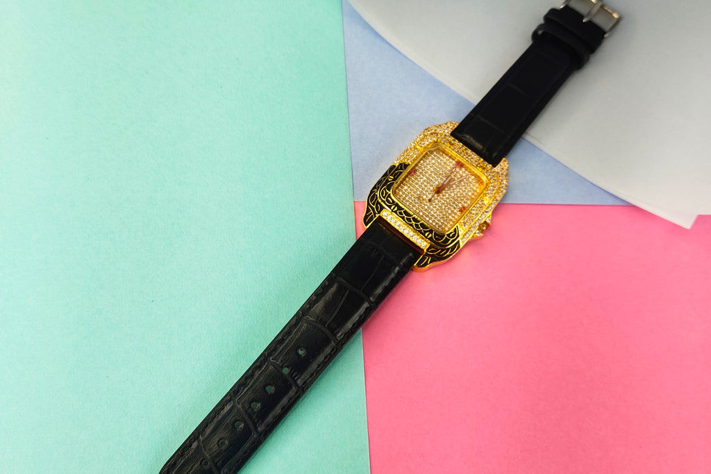 Women's Slim CZ Black Band Dress Watch - 24K Gold Plated | 38g