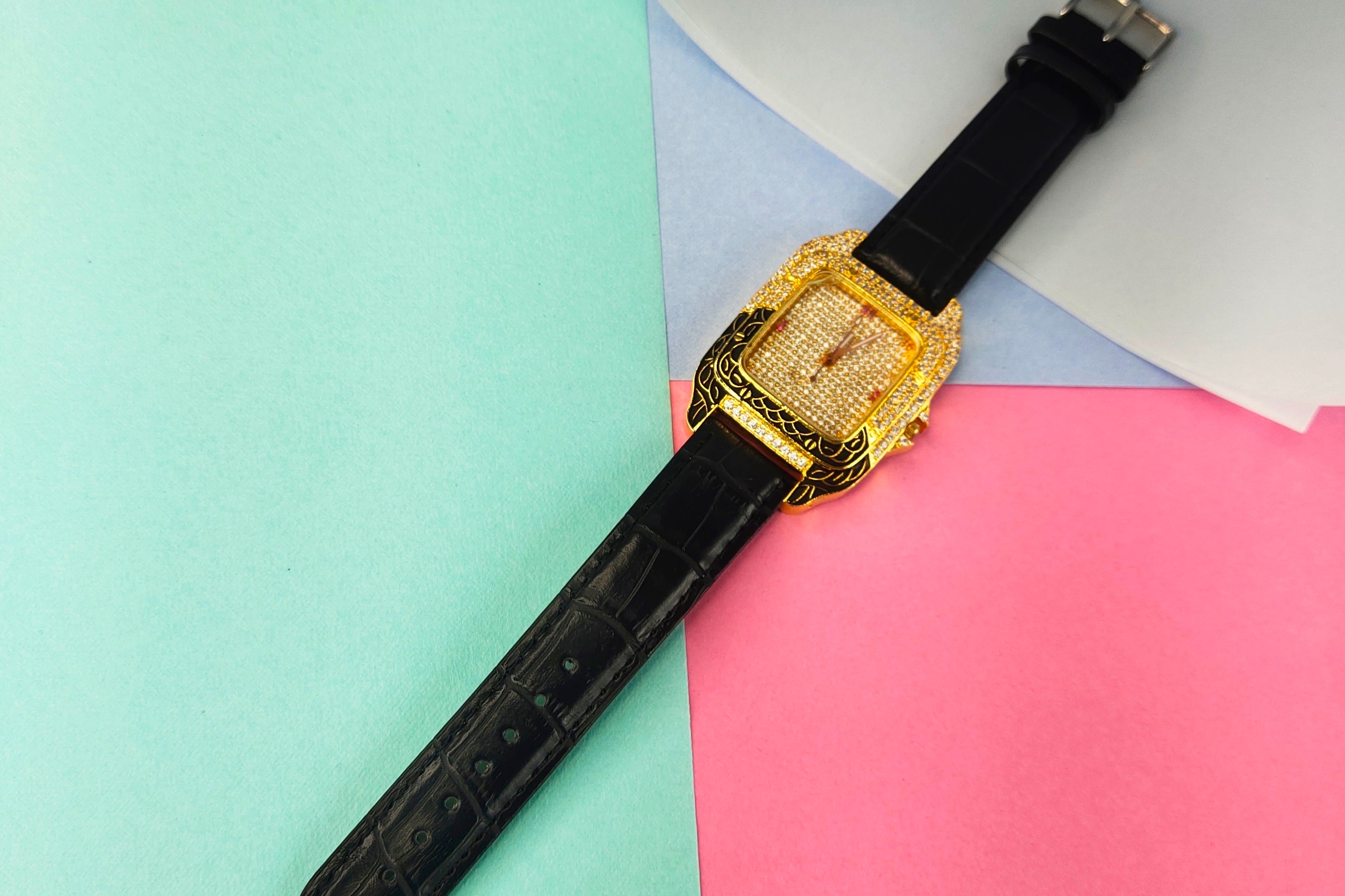 Women's Slim CZ Black Band Dress Watch - 24K Gold Plated | 38g