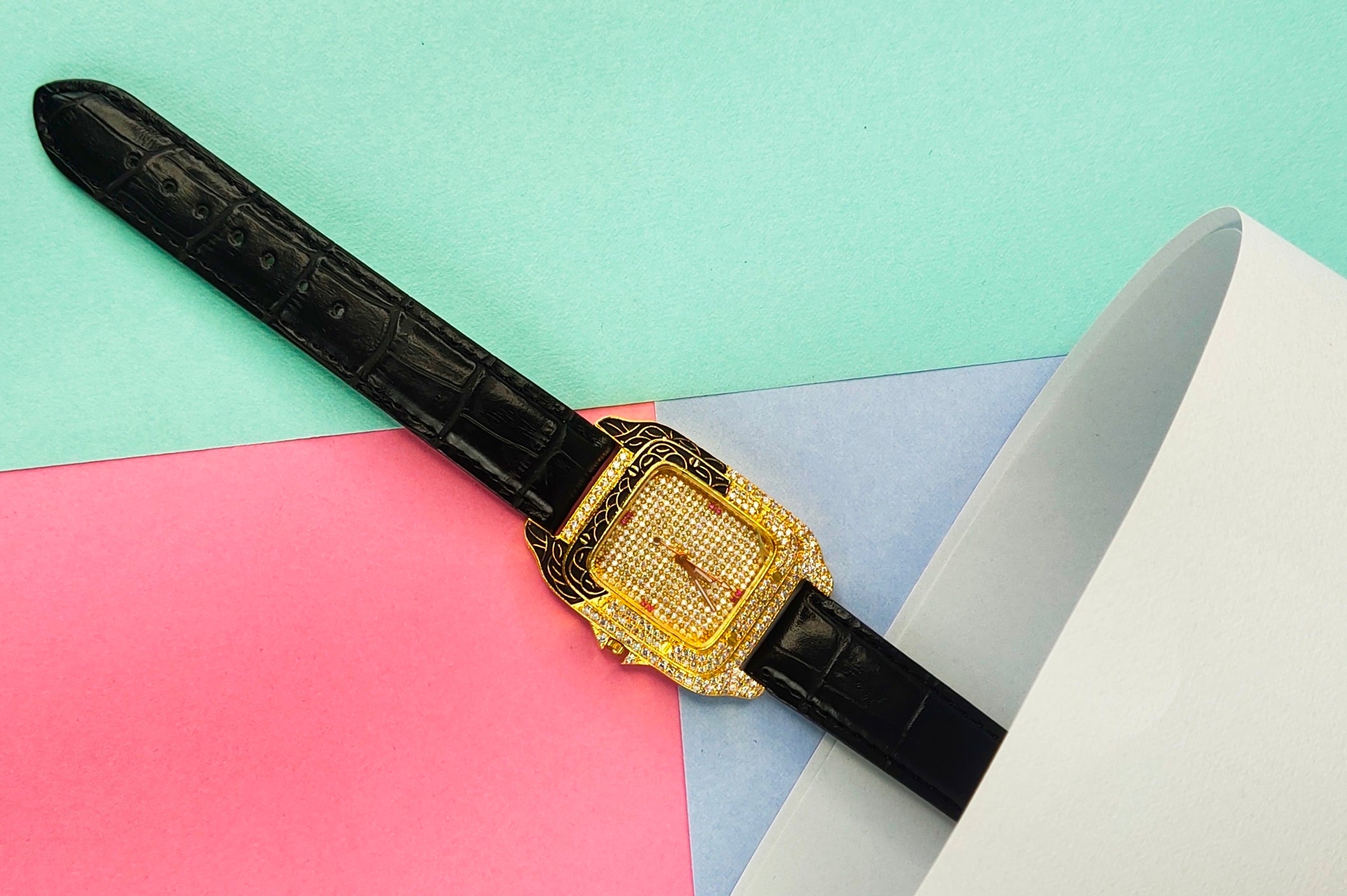 Women's Slim CZ Black Band Dress Watch - 24K Gold Plated | 38g