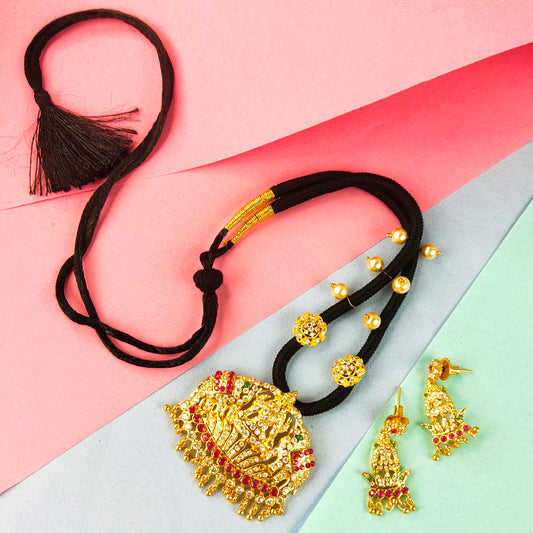 Mahalaxmi Pendant Earrings Set With Black Dori Necklace By Asp Fashion Jewellery