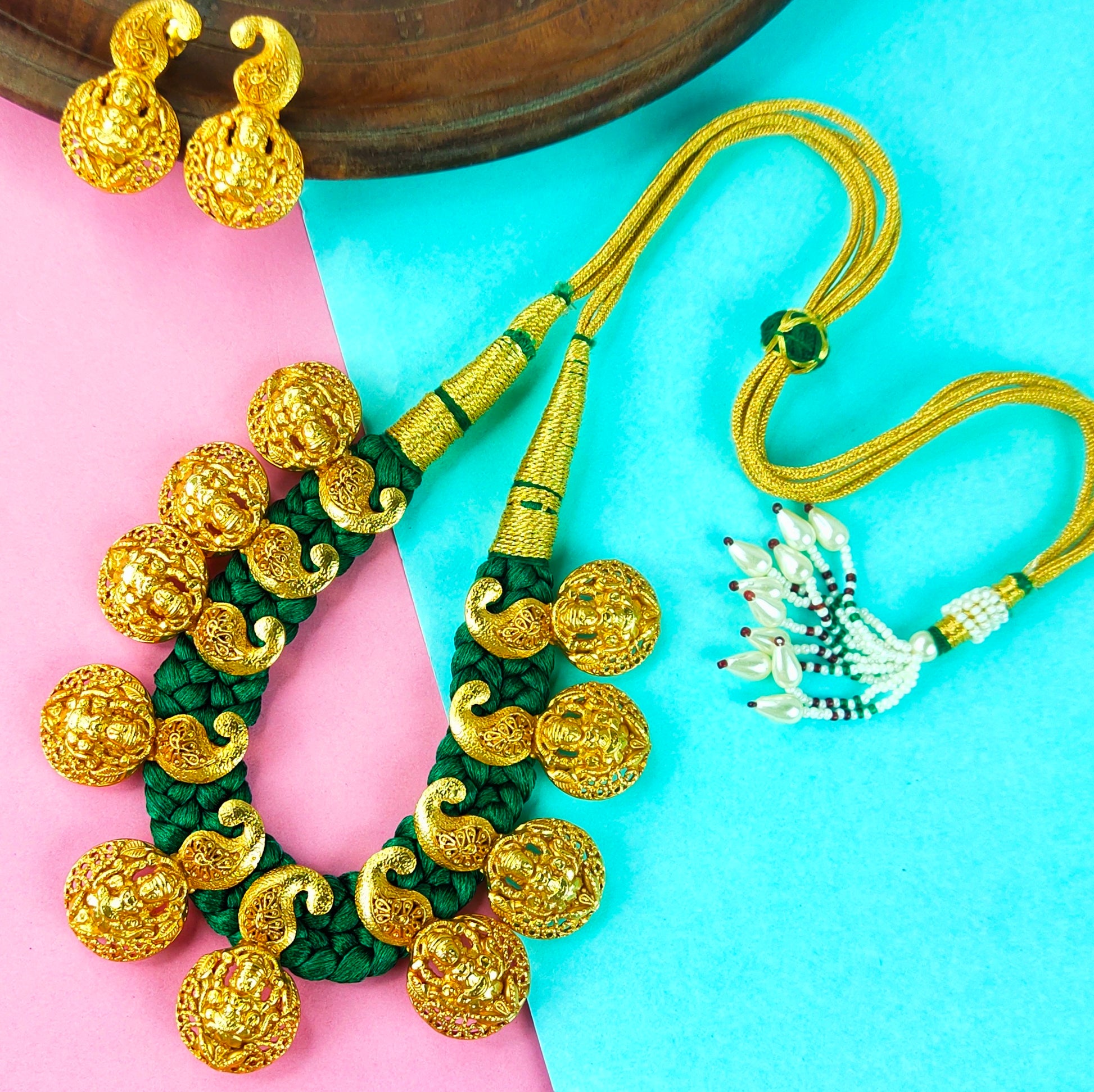 Antique Godess Laxmi Green Dori Necklace Earrings Set By Asp Fashion Jewellery